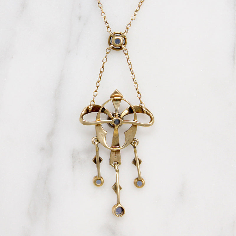 Exquisite Art Nouvead Sapphire & Pearl Lavalier Necklace