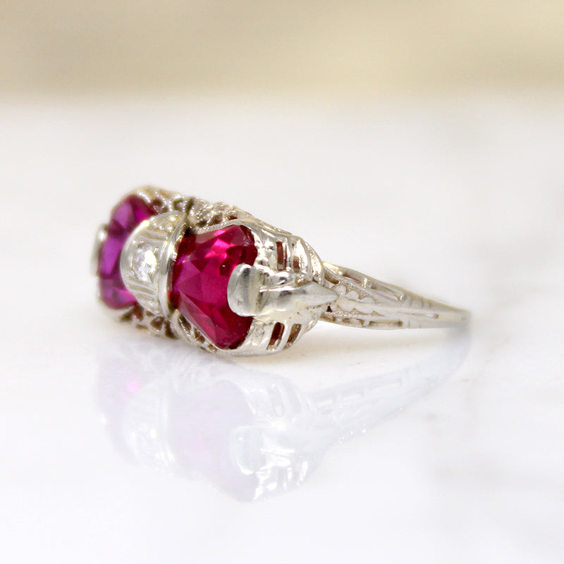 Hot Pink Rubies in Art Deco Filigree Ring