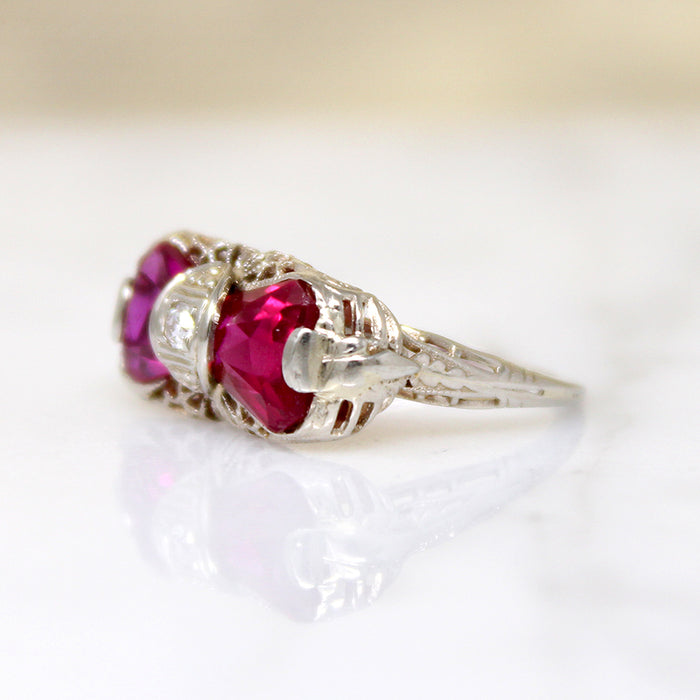 Hot Pink Rubies in Art Deco Filigree Ring