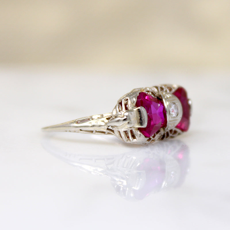 Hot Pink Rubies in Art Deco Filigree Ring