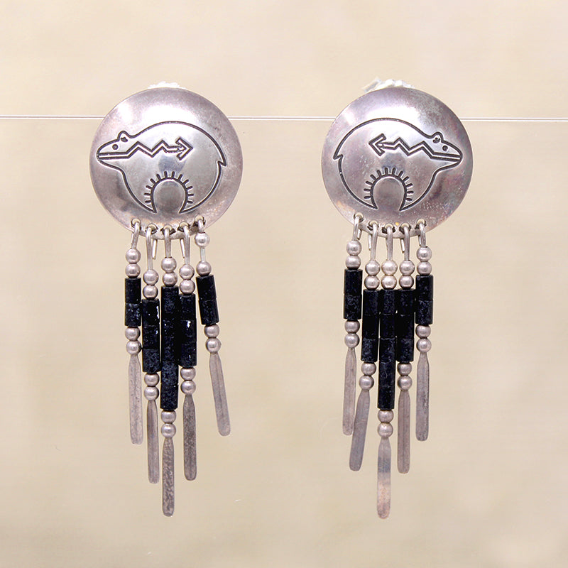 Zuni Bear Shield Earrings with Silver & Onyx Fringe