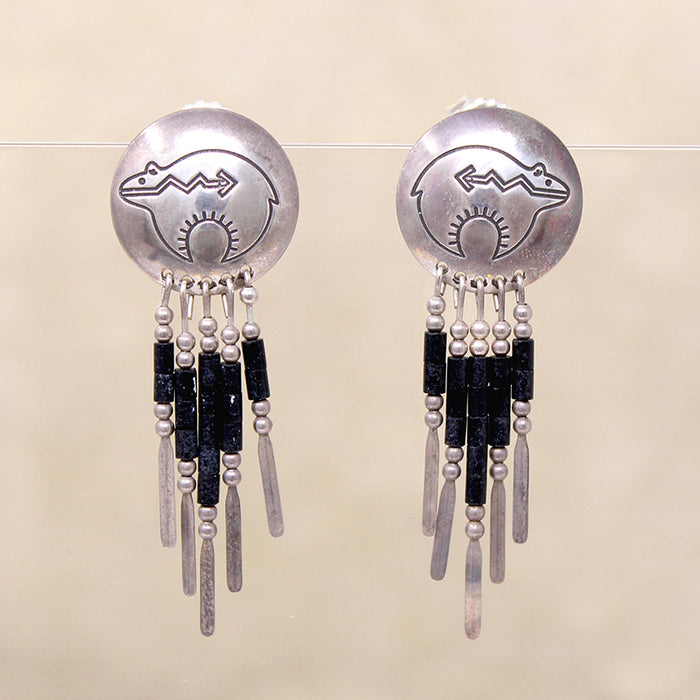 Zuni Bear Shield Earrings with Silver & Onyx Fringe