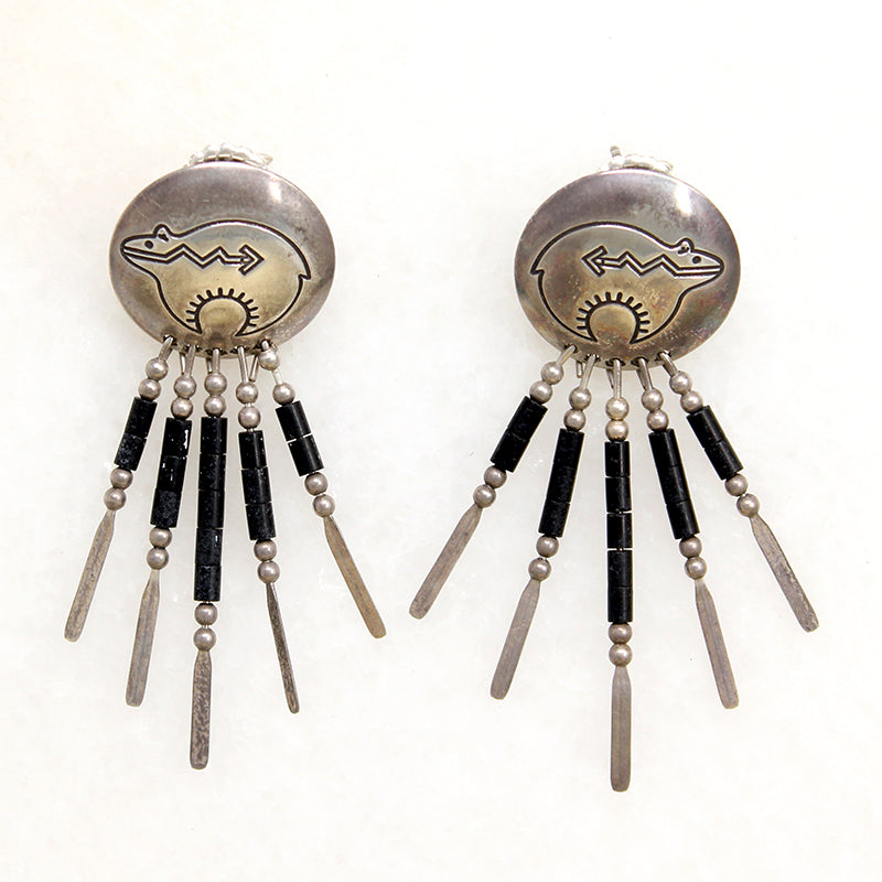 Zuni Bear Shield Earrings with Silver & Onyx Fringe