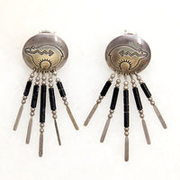 Zuni Bear Shield Earrings with Silver & Onyx Fringe