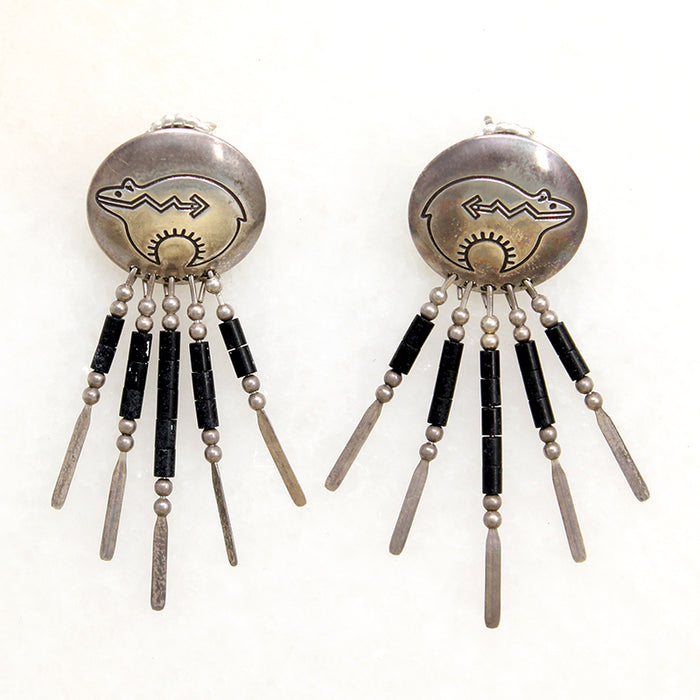 Zuni Bear Shield Earrings with Silver & Onyx Fringe