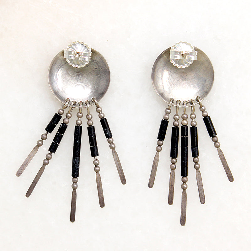 Zuni Bear Shield Earrings with Silver & Onyx Fringe