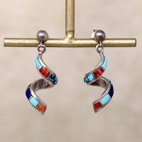 Sterling Silver Spiral Earrings with Colorful Stone Inlay