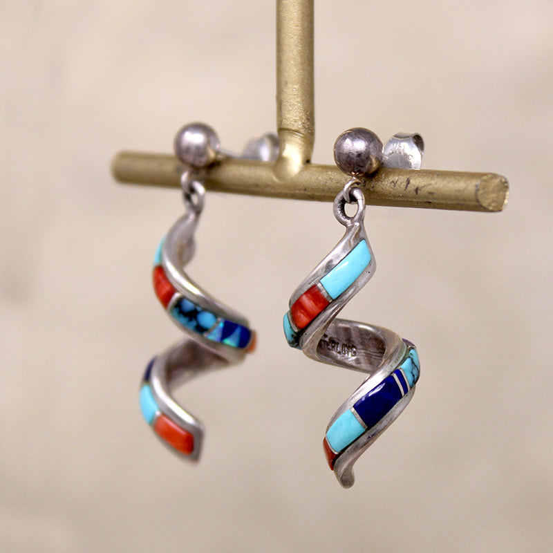 Sterling Silver Spiral Earrings with Colorful Stone Inlay