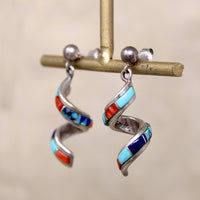 Sterling Silver Spiral Earrings with Colorful Stone Inlay