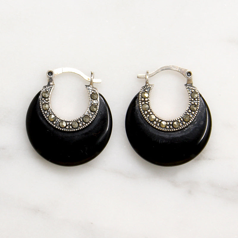 Chic Onyx & Sterling Hoops with Marcasite Accents