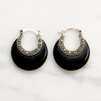Chic Onyx & Sterling Hoops with Marcasite Accents