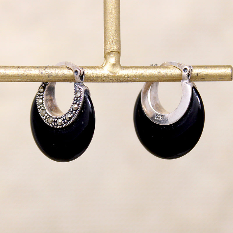 Chic Onyx & Sterling Hoops with Marcasite Accents