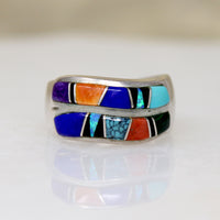 Multi-Stone Inlay Waves Sterling Silver Band