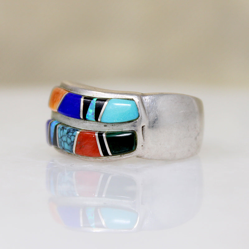 Multi-Stone Inlay Waves Sterling Silver Band