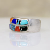 Multi-Stone Inlay Waves Sterling Silver Band