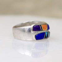 Multi-Stone Inlay Waves Sterling Silver Band