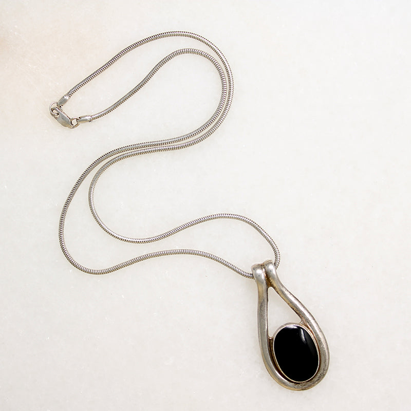 Elegant Onyx & Sterling Silver Pendent on Snake Chain