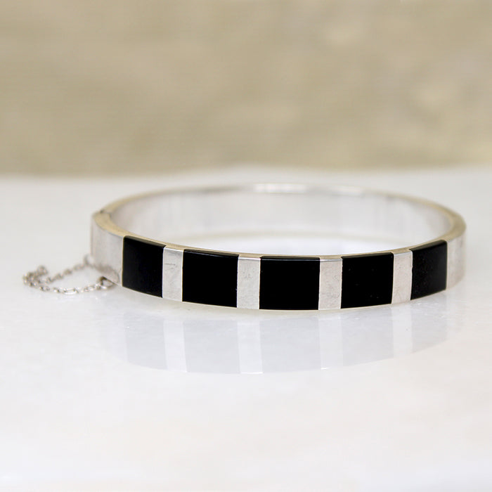 Onyx Inlay in Sterling Silver Hinged Bangle