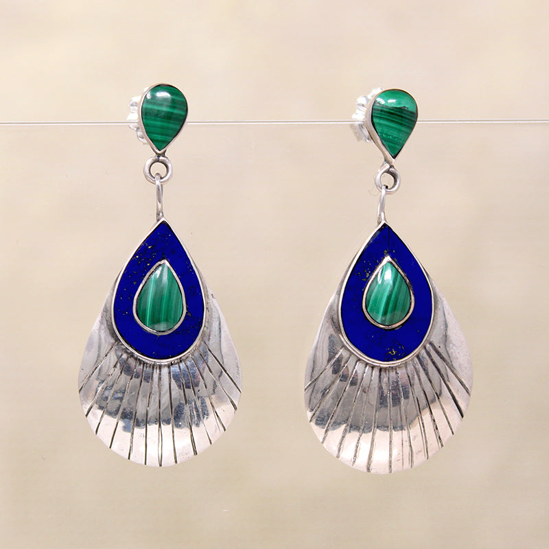 Peacock Feather Earrings with Lapis & Malachite Eyes