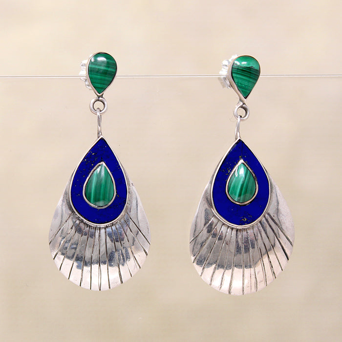 Peacock Feather Earrings with Lapis & Malachite Eyes