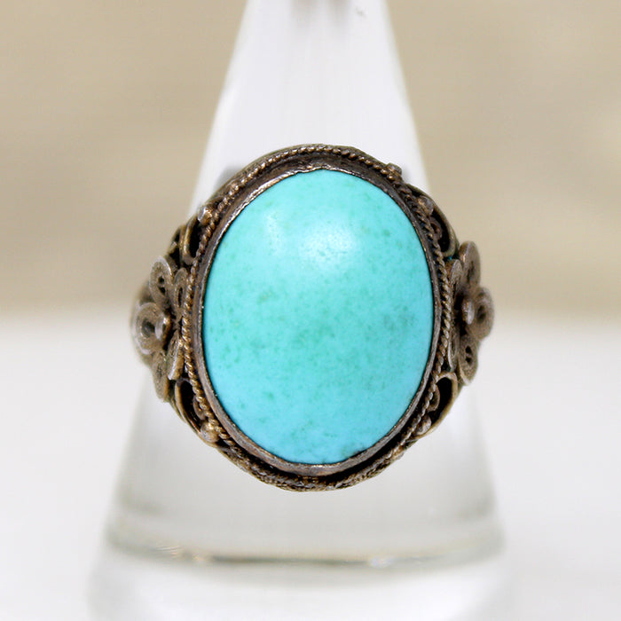 Chinese Turquoise in Silver Gilt Filigree Ring