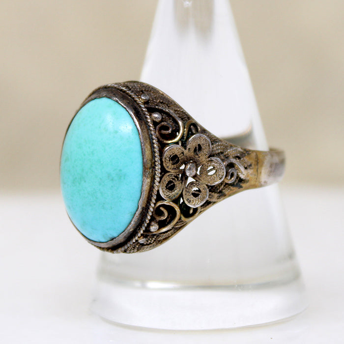 Chinese Turquoise in Silver Gilt Filigree Ring