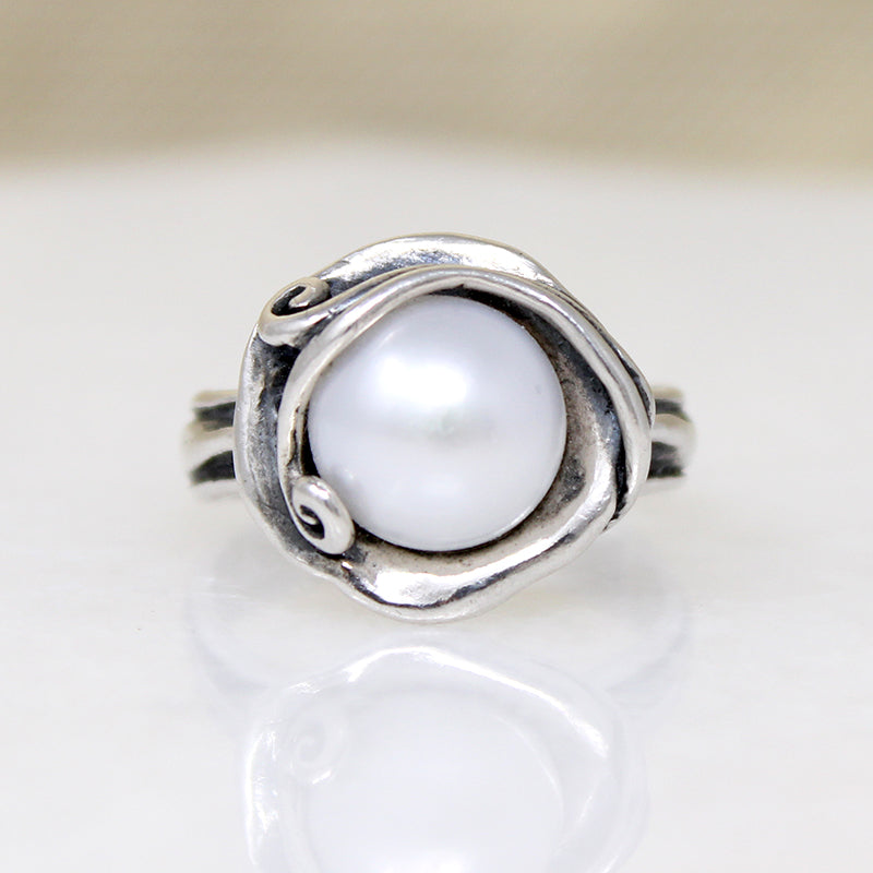Cultured Pearl in Sterling Tendril Artisan Ring