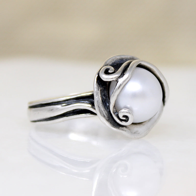 Cultured Pearl in Sterling Tendril Artisan Ring