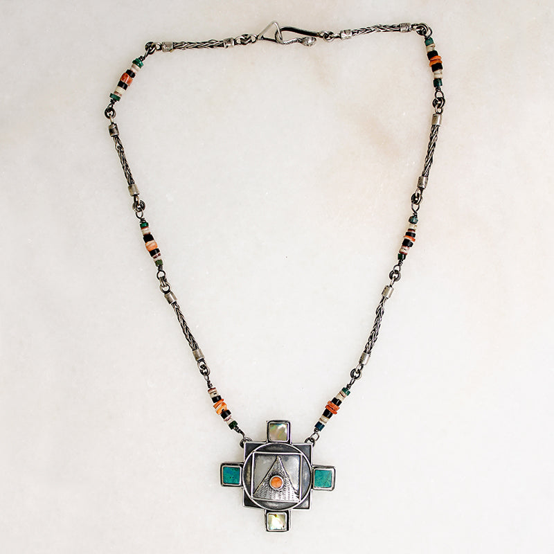 Inlaid Sterling Pendant on Beaded Foxtail Chain Necklace