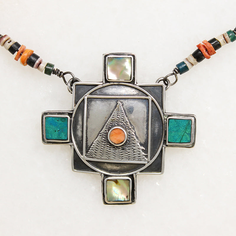 Inlaid Sterling Pendant on Beaded Foxtail Chain Necklace