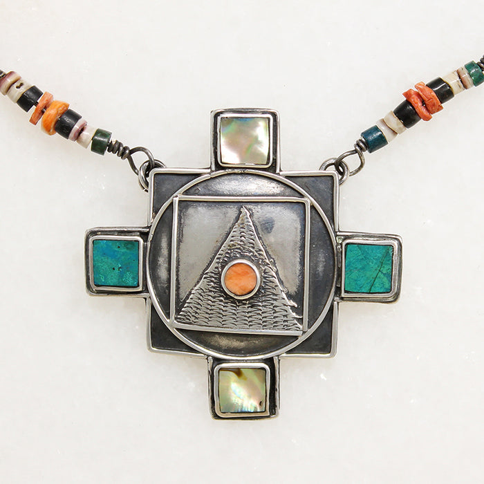 Inlaid Sterling Pendant on Beaded Foxtail Chain Necklace