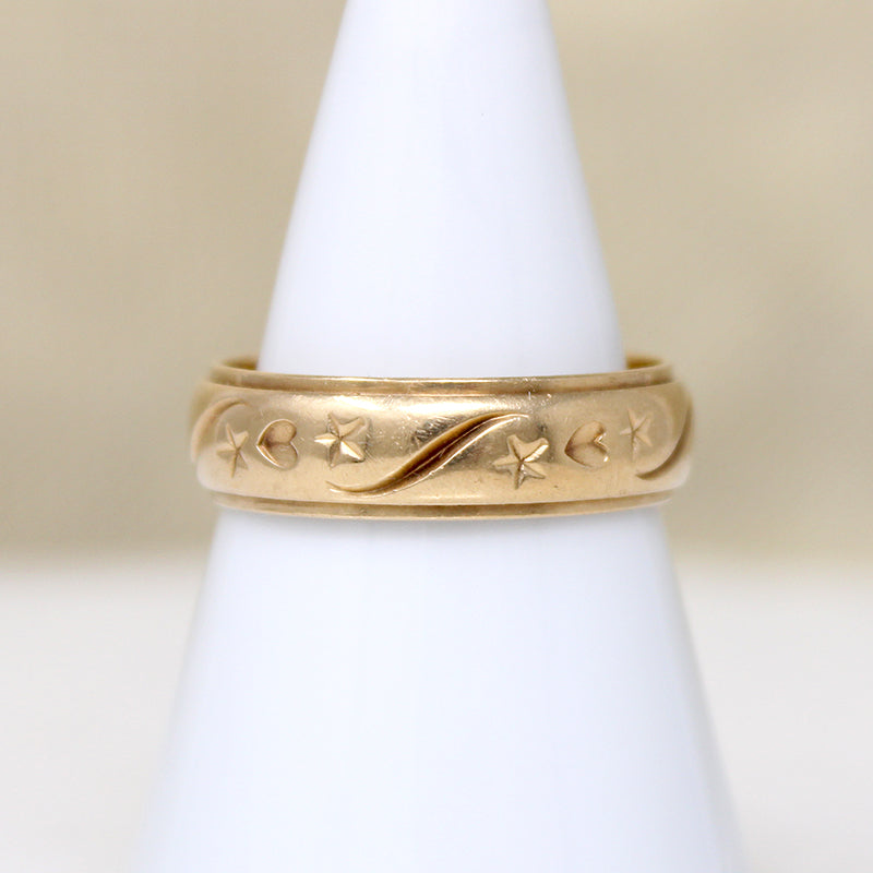 Stars & Hearts Substantial 14k Gold Band Size 8.5
