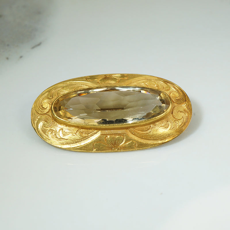 Hand Engraved 18k Gold Citrine Brooch