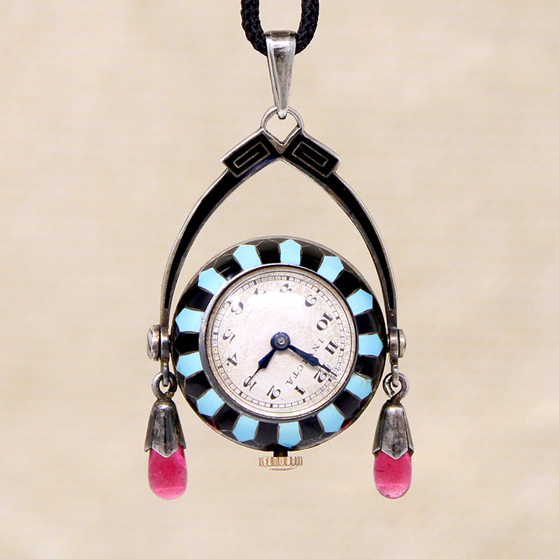 Fantastic Enameled Jazz Age Pendant Watch