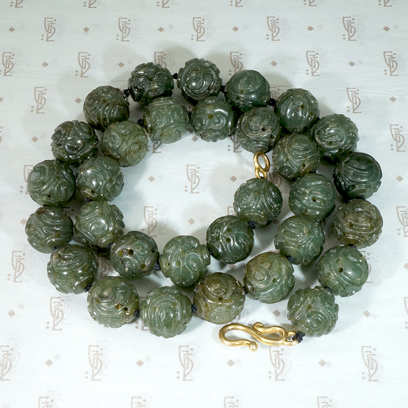 Expertly Carved Deep Green Jade Beads with Gold Clasp