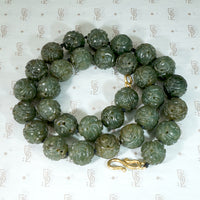 Expertly Carved Deep Green Jade Beads with Gold Clasp