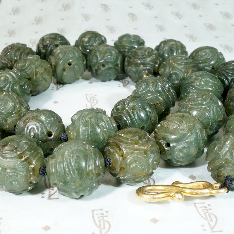 Expertly Carved Deep Green Jade Beads with Gold Clasp