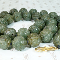 Expertly Carved Deep Green Jade Beads with Gold Clasp