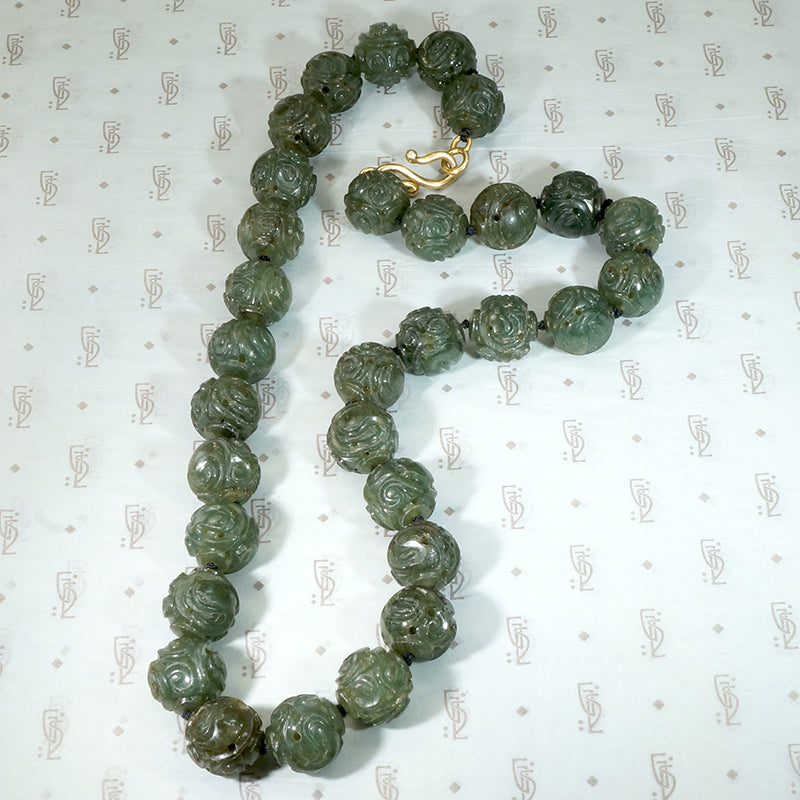 Expertly Carved Deep Green Jade Beads with Gold Clasp