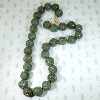 Expertly Carved Deep Green Jade Beads with Gold Clasp
