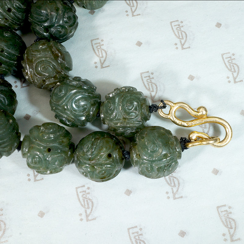 Expertly Carved Deep Green Jade Beads with Gold Clasp