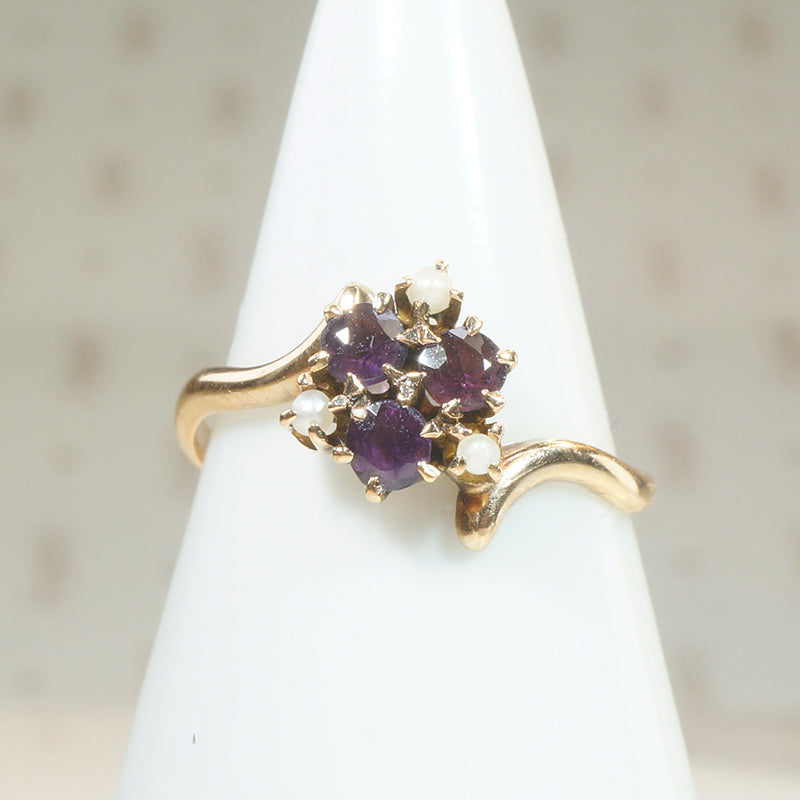 Amethyst and Pearl Cluster in Victorian Bypass Ring