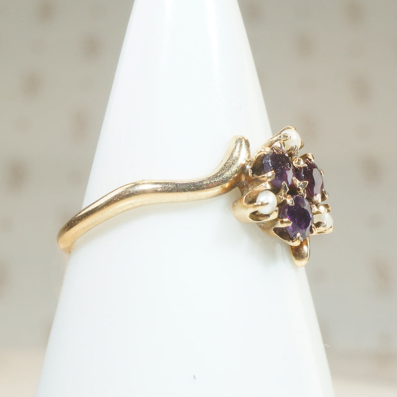 Amethyst and Pearl Cluster in Victorian Bypass Ring