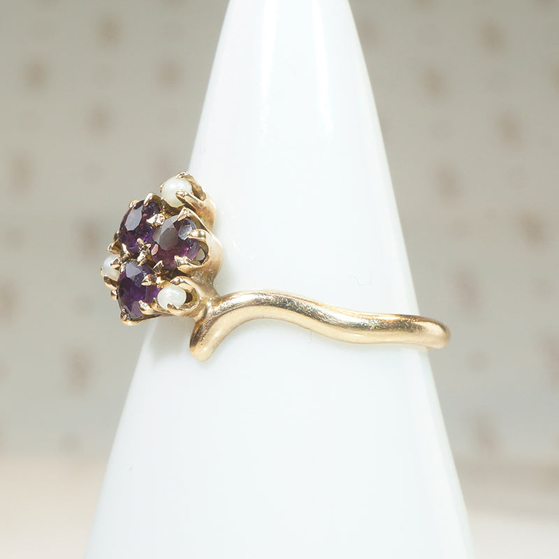Amethyst and Pearl Cluster in Victorian Bypass Ring