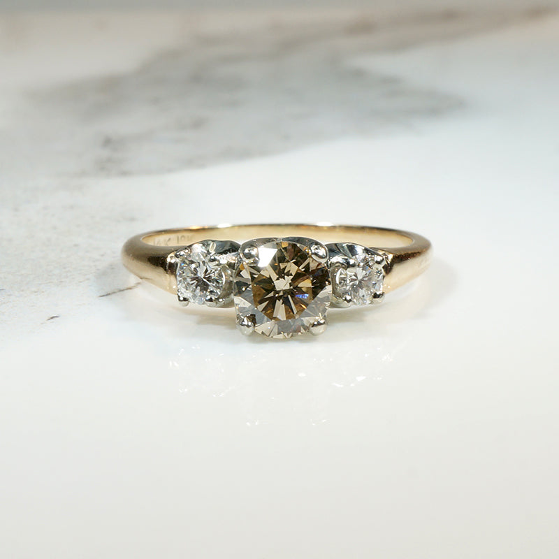 Trilogy Engagement Ring with Cognac Center Diamond