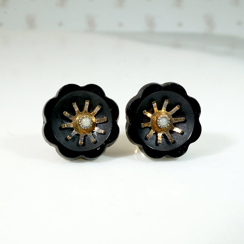 Winsome Black Onyx & Gold Flower Stud Earrings