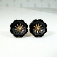 Winsome Black Onyx & Gold Flower Stud Earrings