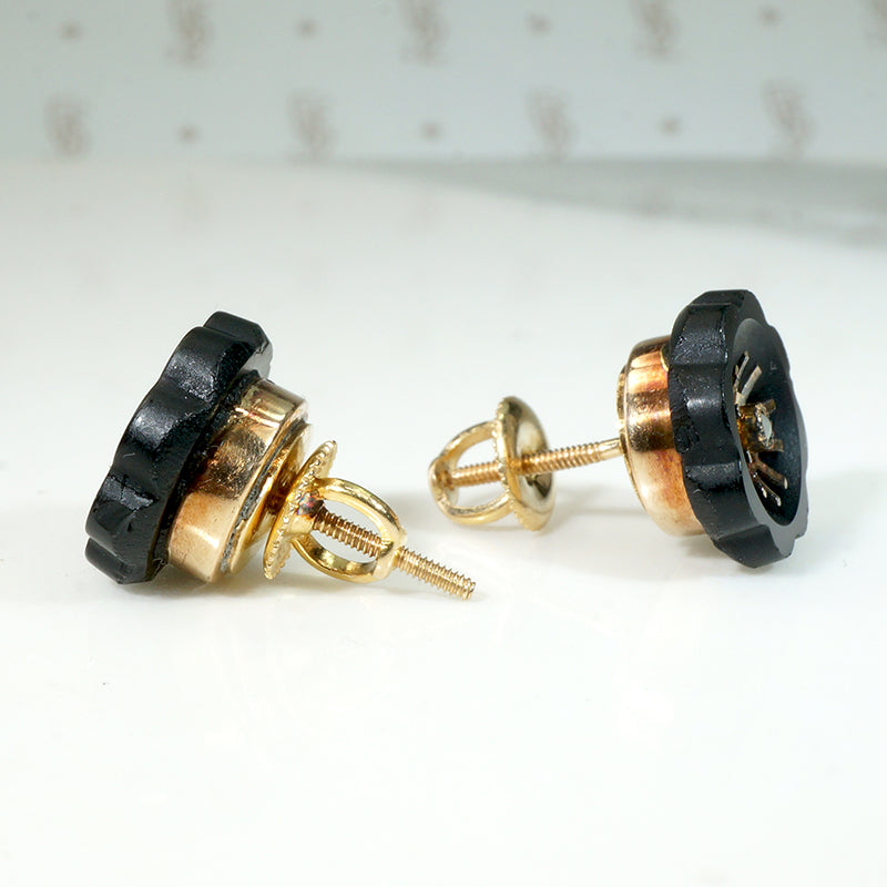Winsome Black Onyx & Gold Flower Stud Earrings