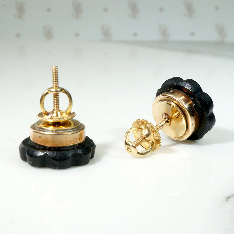 Winsome Black Onyx & Gold Flower Stud Earrings
