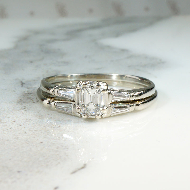 Elegant Mid Century Emerald Step Cut Diamond Wedding Set